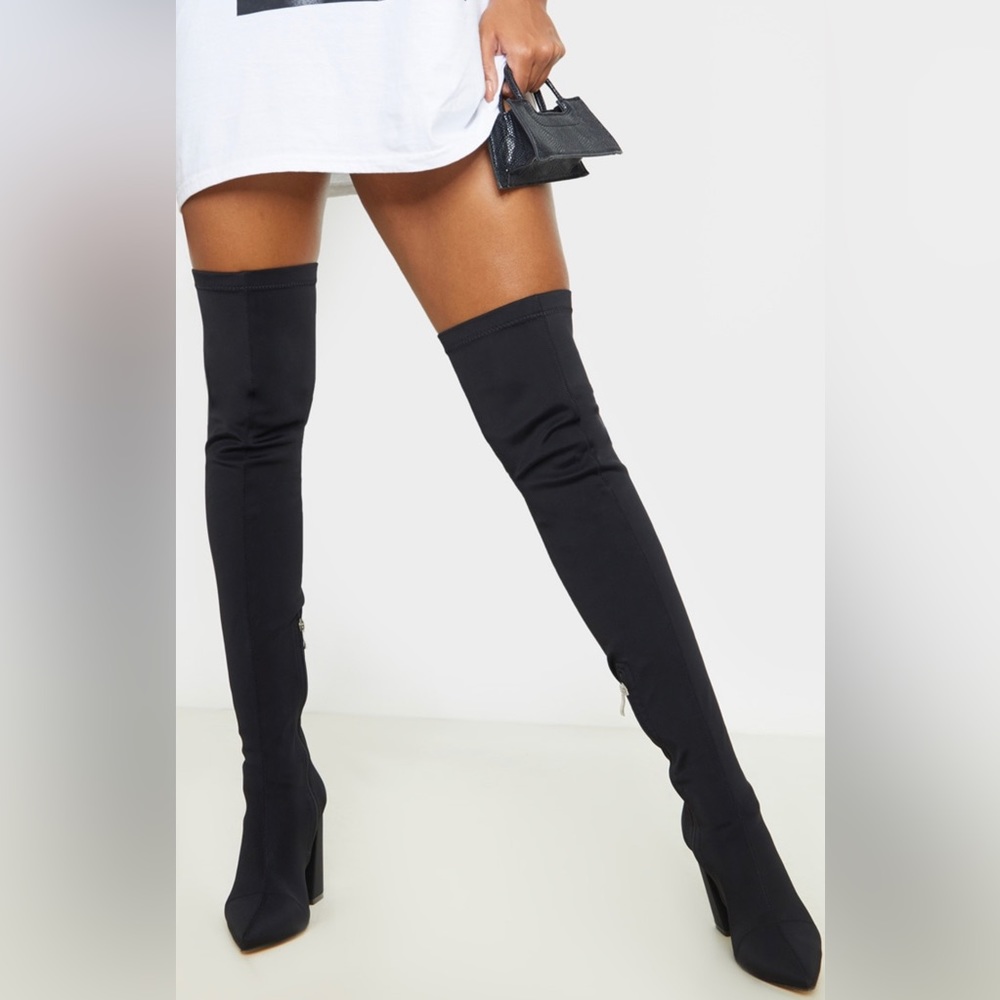PrettyLittleThing Black High Point Lycra Thigh High Boot